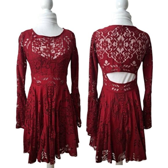 Free People Rich Red Lace Lovers Folk Song Dress Bell Sleeve Cut Out Boho Mini 2 - Picture 2 of 9